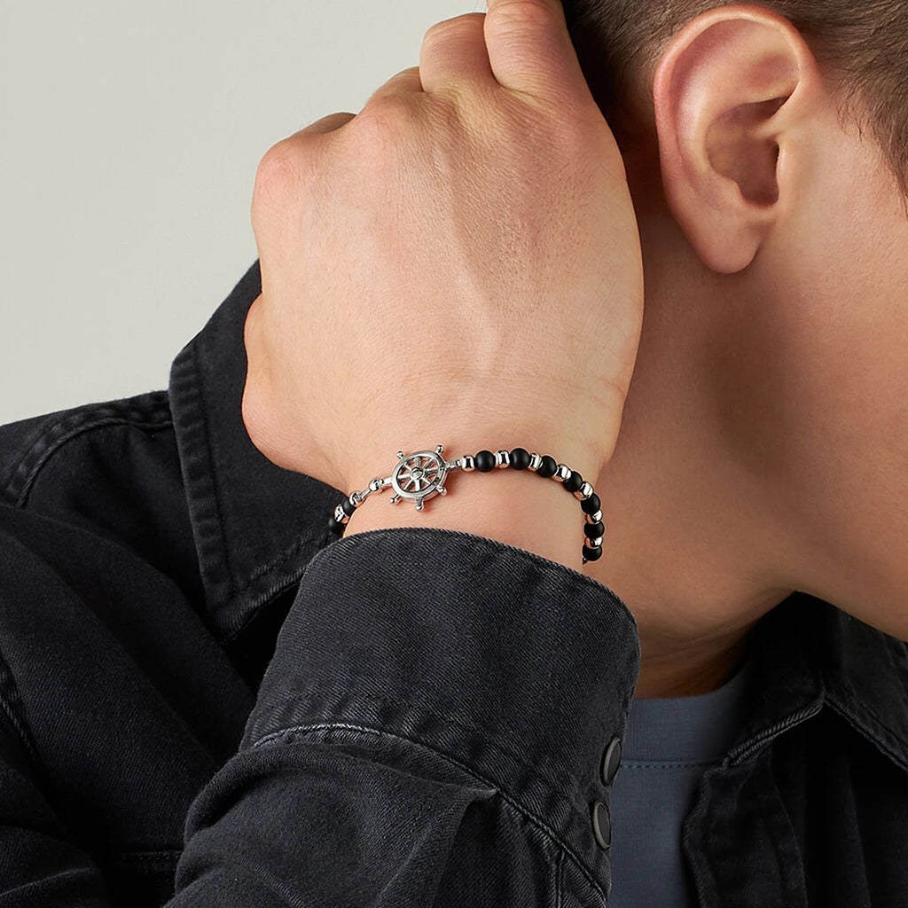Obsidian & Stainless Steel Rudder Bead Bracelet – Modern Minimal Style – | Metta Jewelry