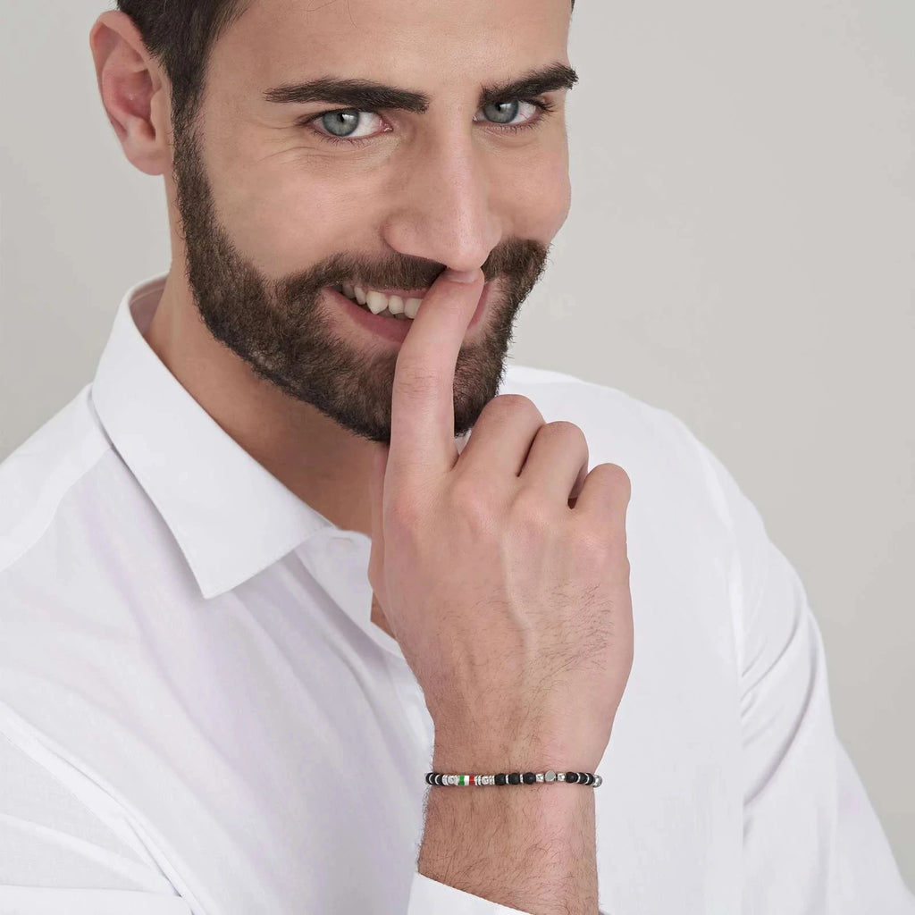 Black Obsidian & Flag Enamel Stainless Steel Bead Bracelet – Modern Minimal Style – | Metta Jewelry