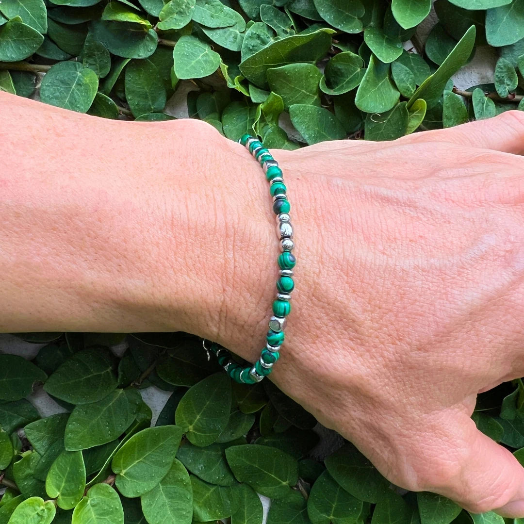 Malachite & Stainless Steel Bead Bracelet – Modern Minimal Style – | Metta Jewelry