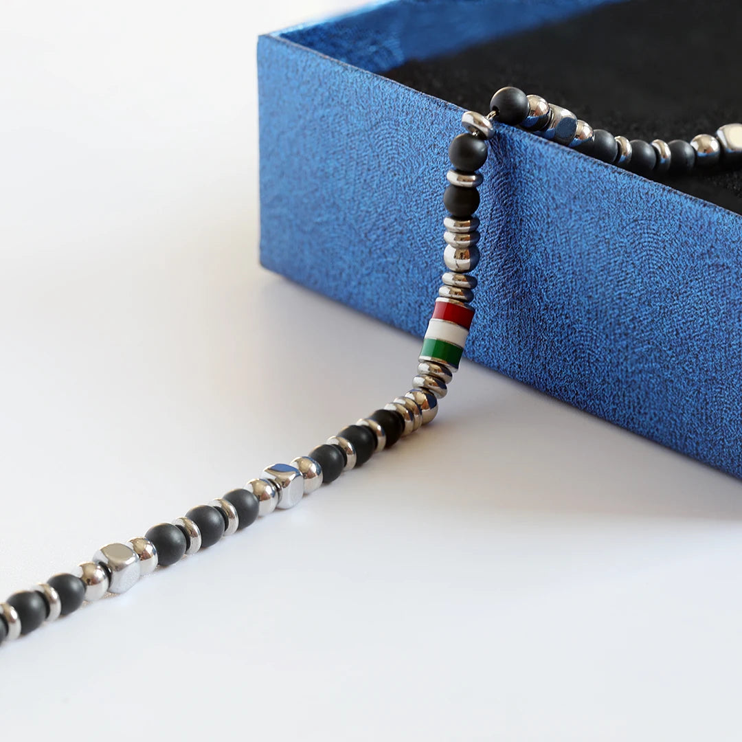 Black Obsidian & Flag Enamel Stainless Steel Bead Bracelet – Modern Minimal Style – | Metta Jewelry