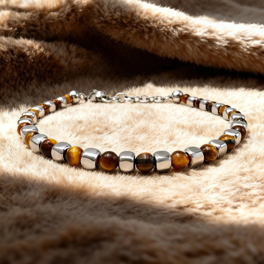 Tiger’s Eye & Stainless Steel Cube Bead Bracelet – Modern Minimal Style – | Metta Jewelry
