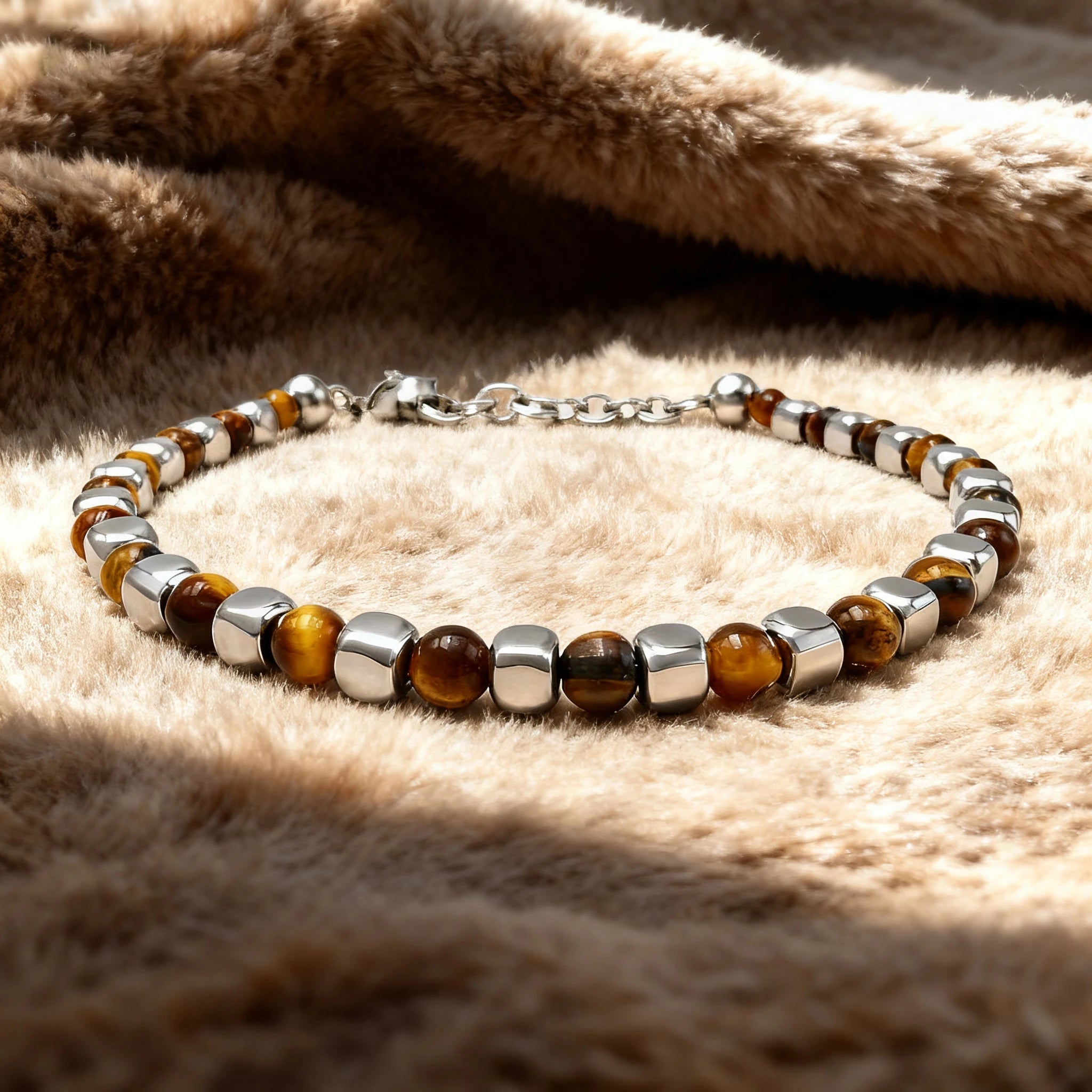 Tiger’s Eye & Stainless Steel Cube Bead Bracelet – Modern Minimal Style – | Metta Jewelry