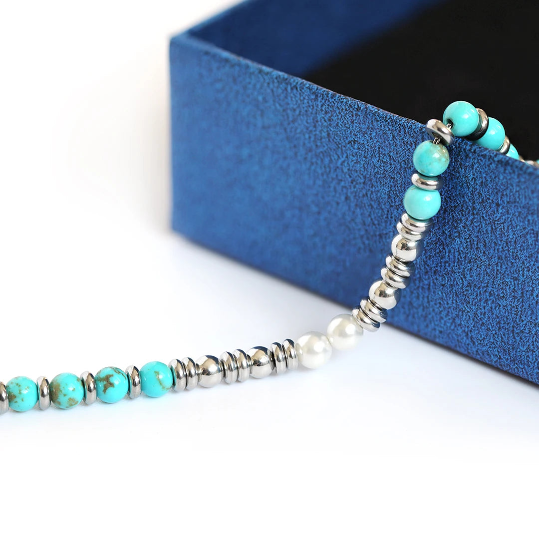 Turquoise & White Pearl Steel Ring Bead Bracelet – Modern Minimal Style – | Metta Jewelry
