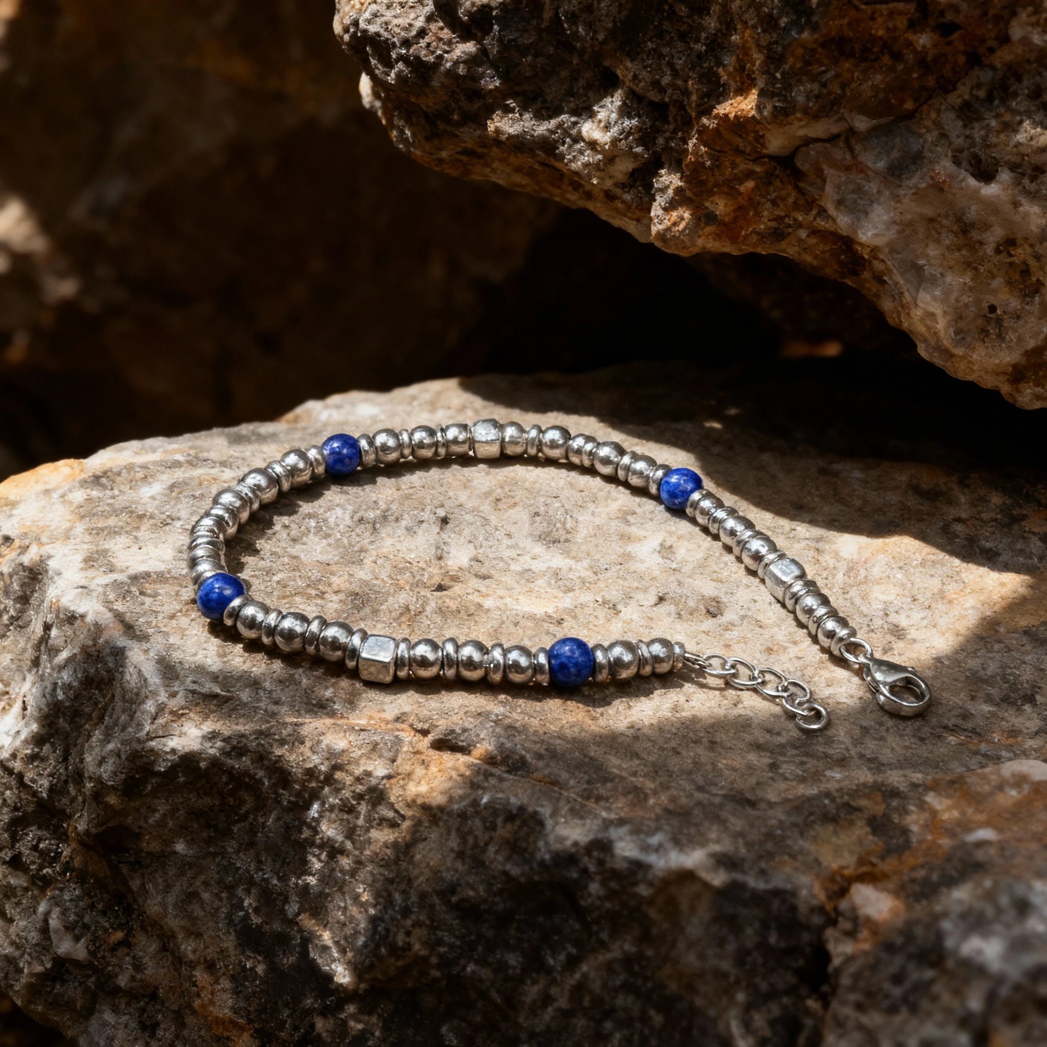 Blue Stone & Stainless Steel Bead Bracelet – Modern Minimal Style – | Metta Jewelry