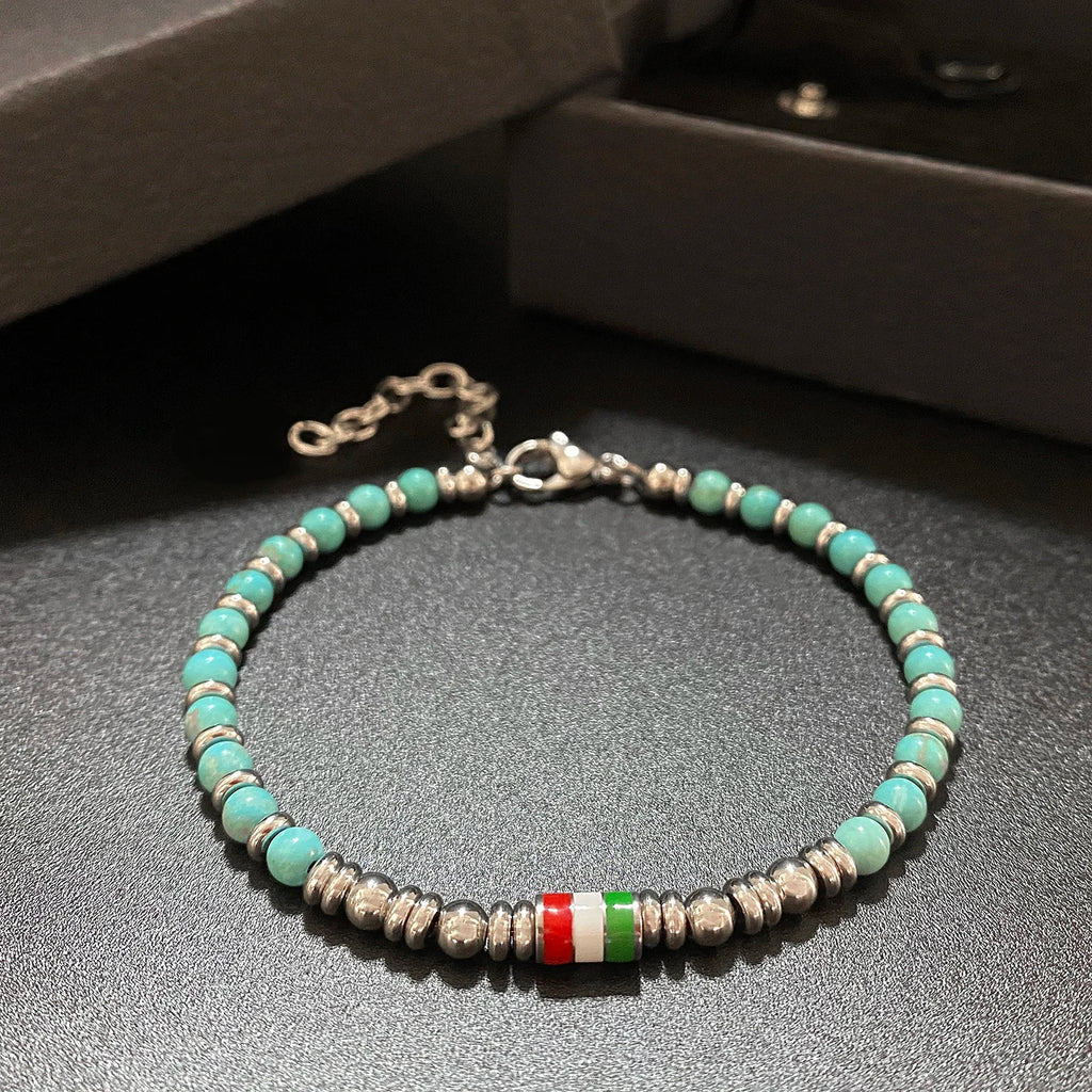 Turquoise & Stainless Steel Bead Bracelet with Flag / Pearl / Loop Accents – Modern Style – | Metta Jewelry