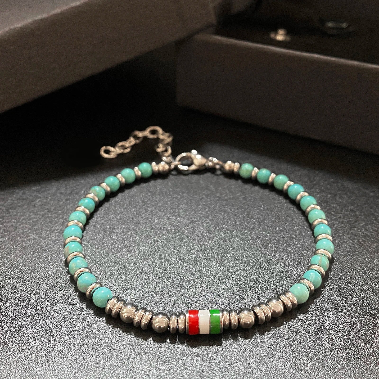 Turquoise & Stainless Steel Bead Bracelet with Flag / Pearl / Loop Accents – Modern Style – | Metta Jewelry