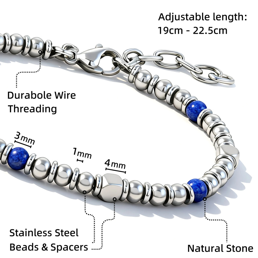 Blue Stone & Stainless Steel Bead Bracelet – Modern Minimal Style – | Metta Jewelry