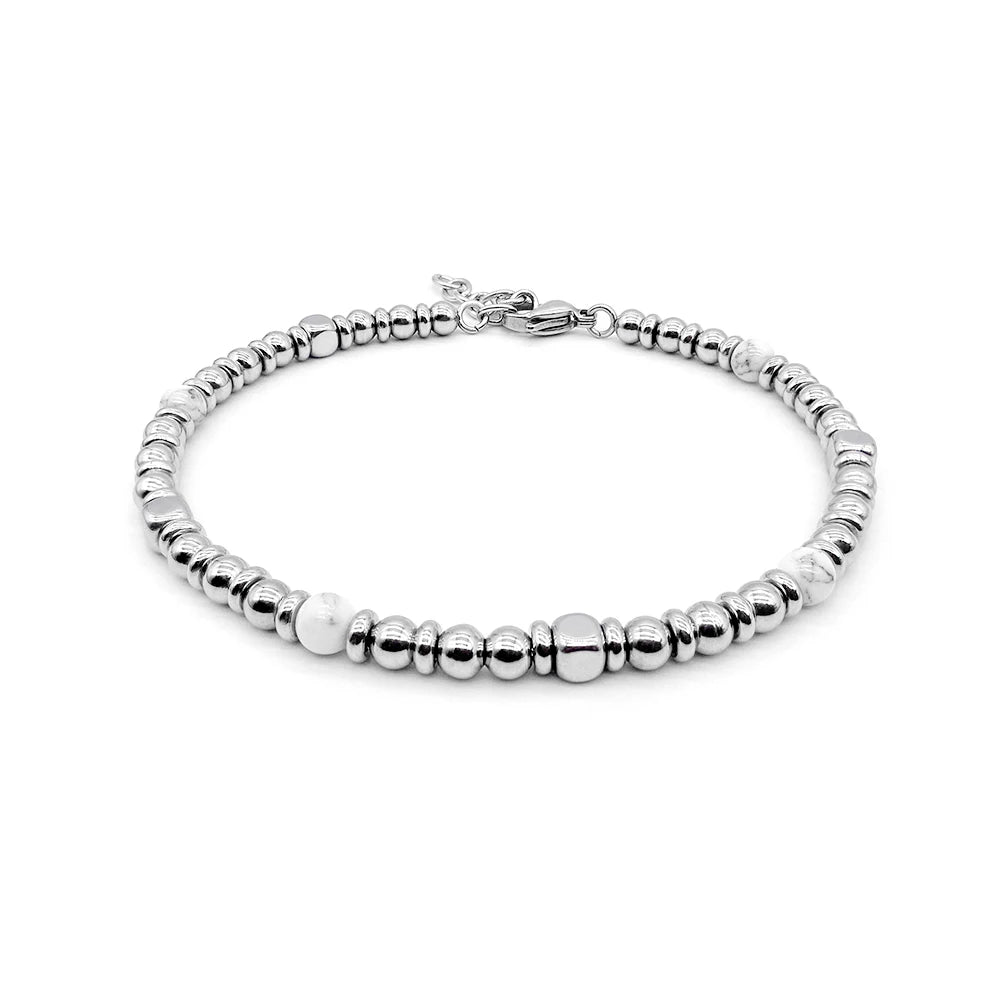 Stainless Steel & Natural Stone Bead Bracelet Collection – Modern Minimal Style – White Jade | Metta Jewelry