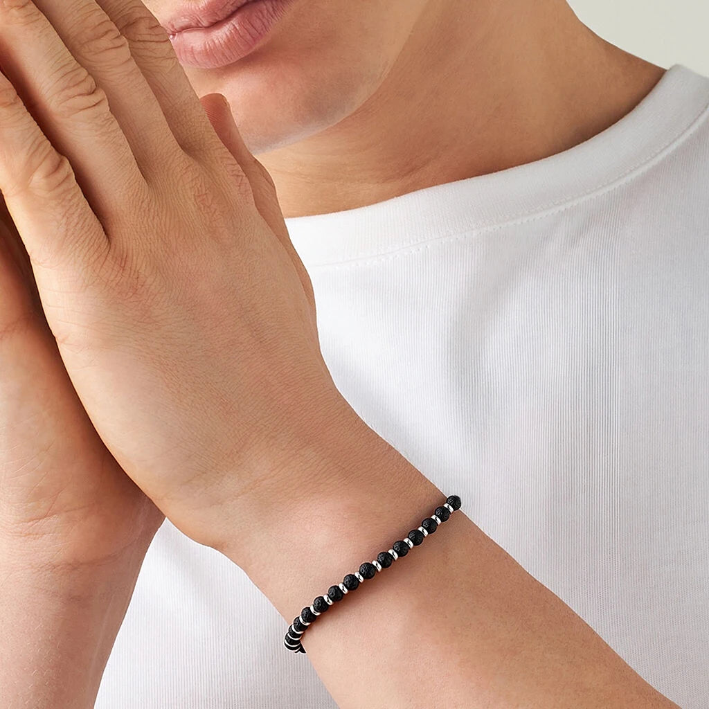 Lava Stone & Steel Spacer Bead Bracelet – Modern Minimal Style – | Metta Jewelry