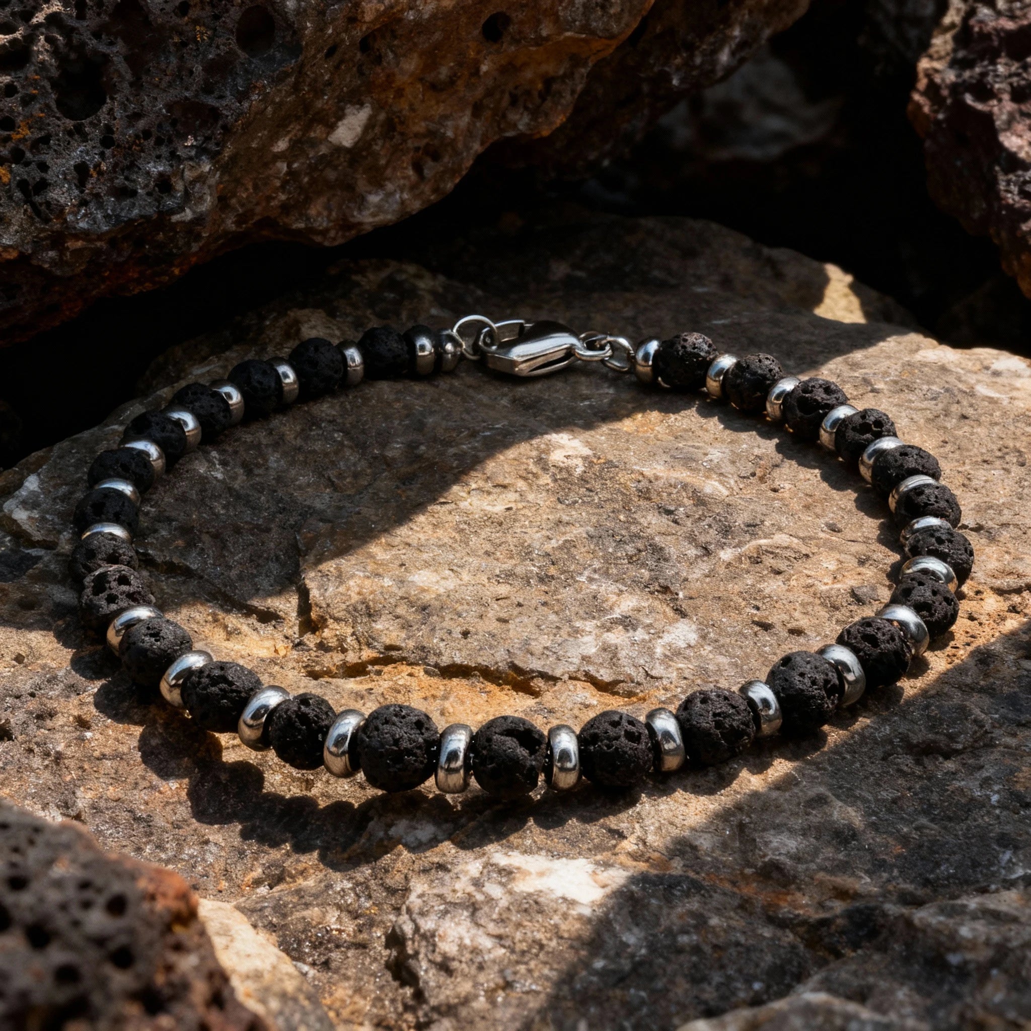Lava Stone & Steel Spacer Bead Bracelet – Modern Minimal Style – | Metta Jewelry