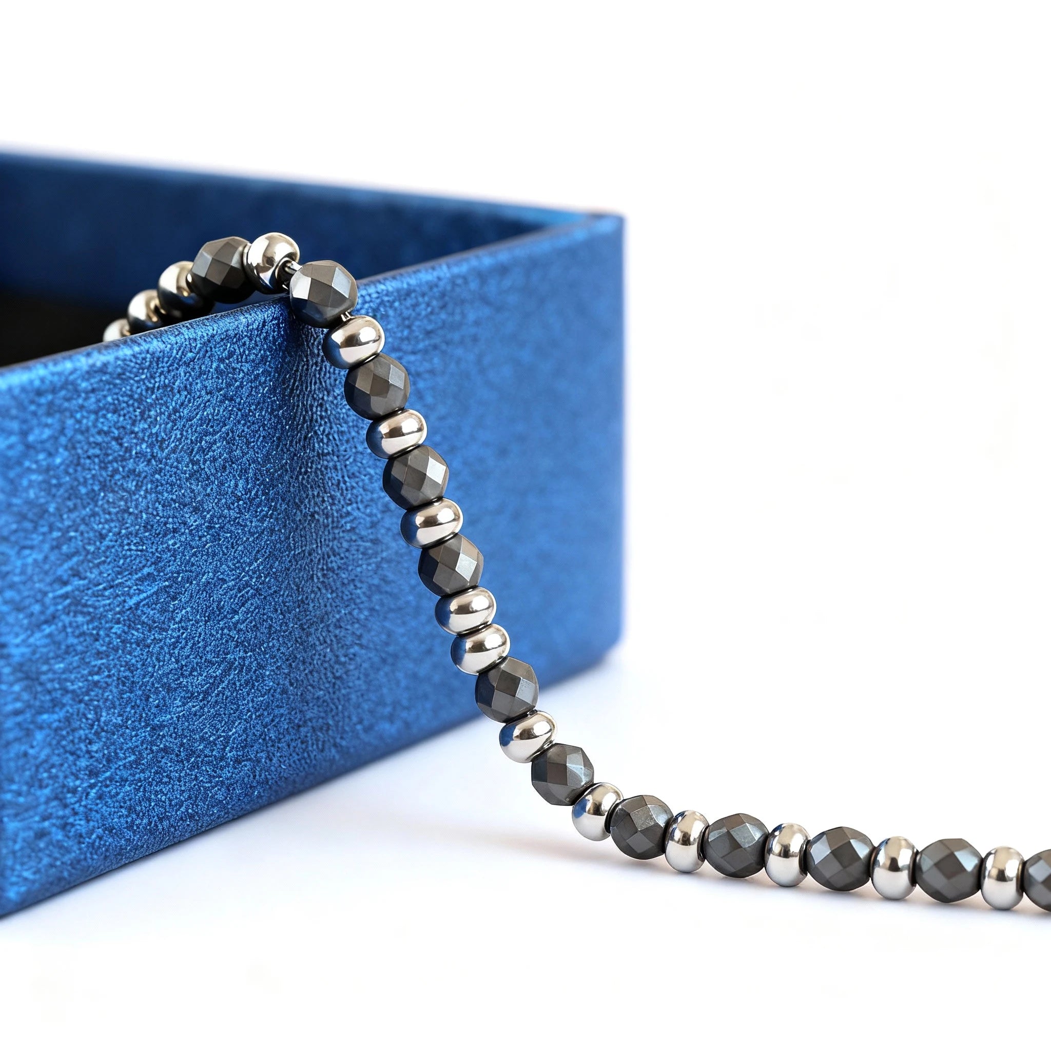 Faceted Bead & Ring Steel Stone Bracelet – Hematite – | Metta Jewelry