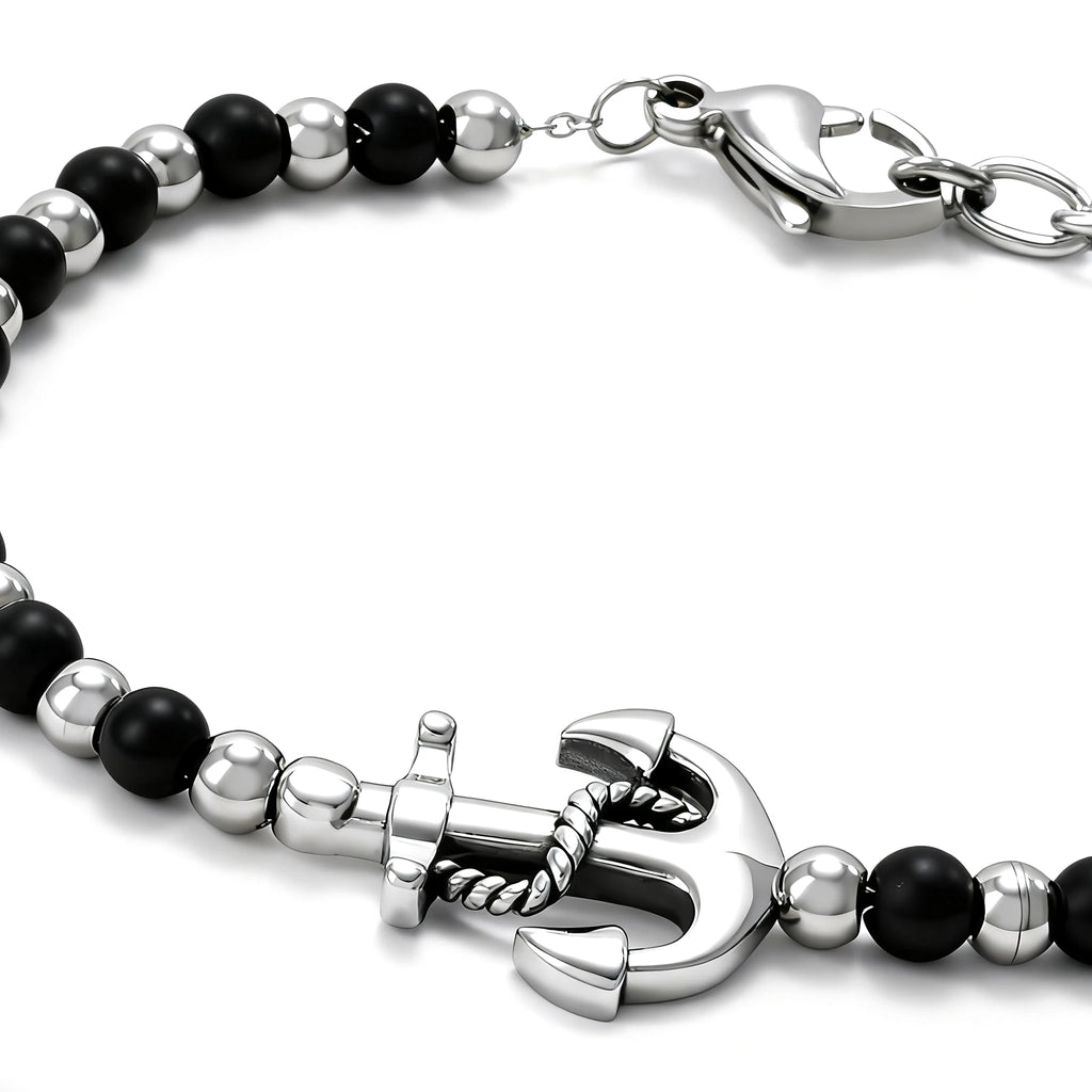 Obsidian & Stainless Steel Anchor Bead Bracelet – Modern Minimal Style – | Metta Jewelry