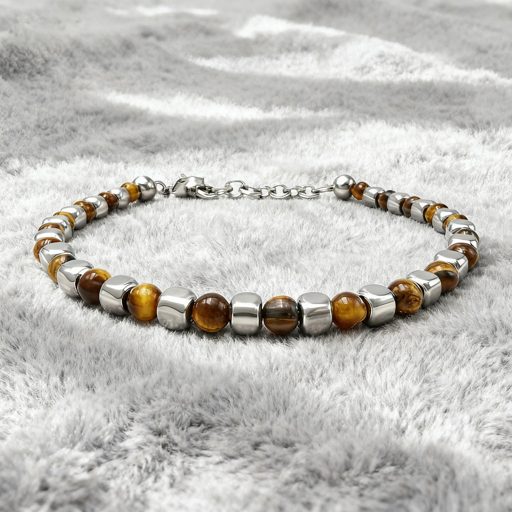 Tiger’s Eye & Stainless Steel Cube Bead Bracelet – Modern Minimal Style – | Metta Jewelry