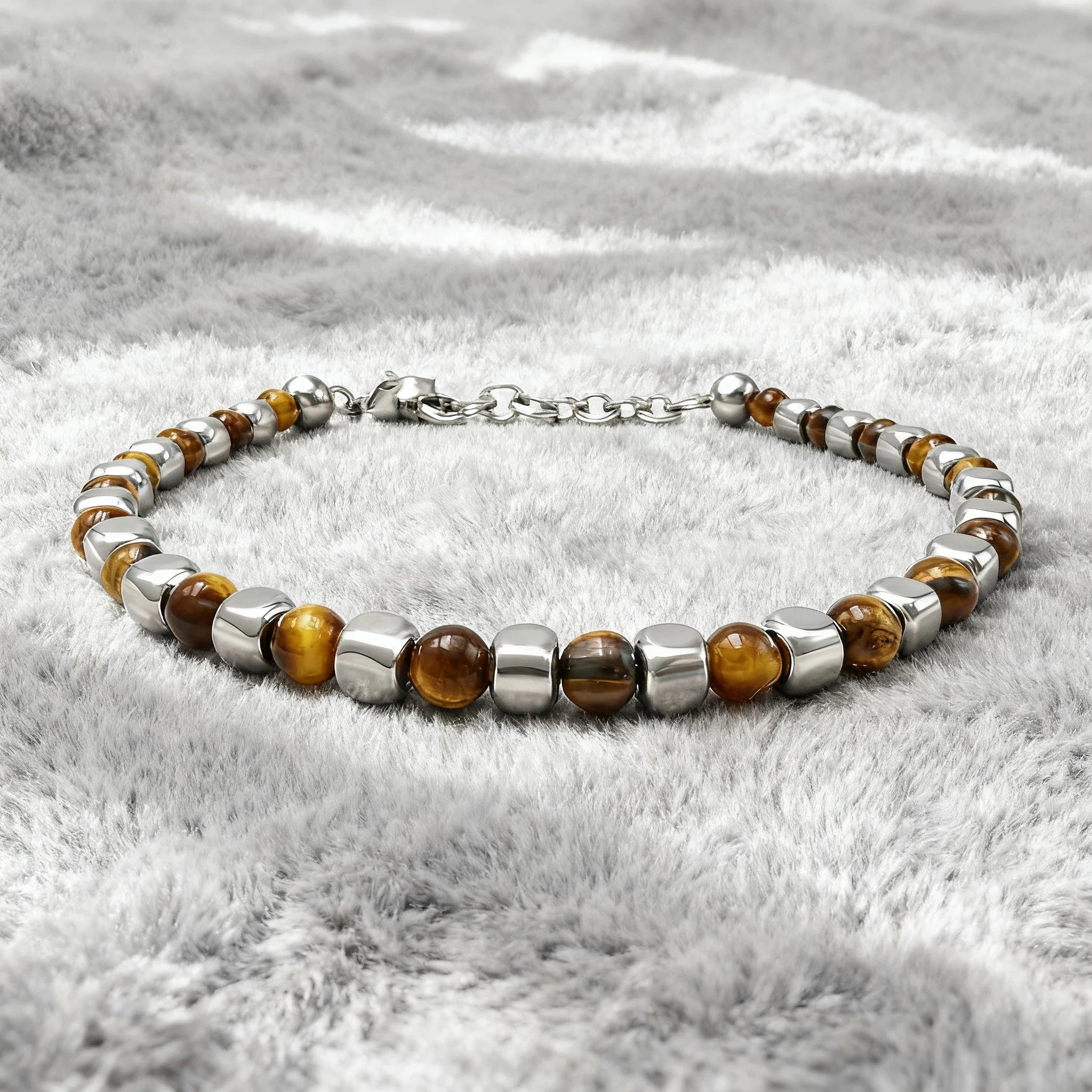 Tiger’s Eye & Stainless Steel Cube Bead Bracelet – Modern Minimal Style – | Metta Jewelry