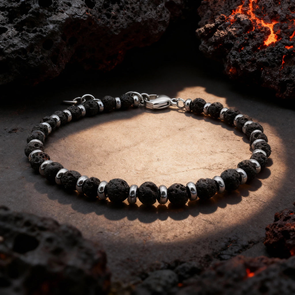 Lava Stone & Steel Spacer Bead Bracelet – Modern Minimal Style – | Metta Jewelry