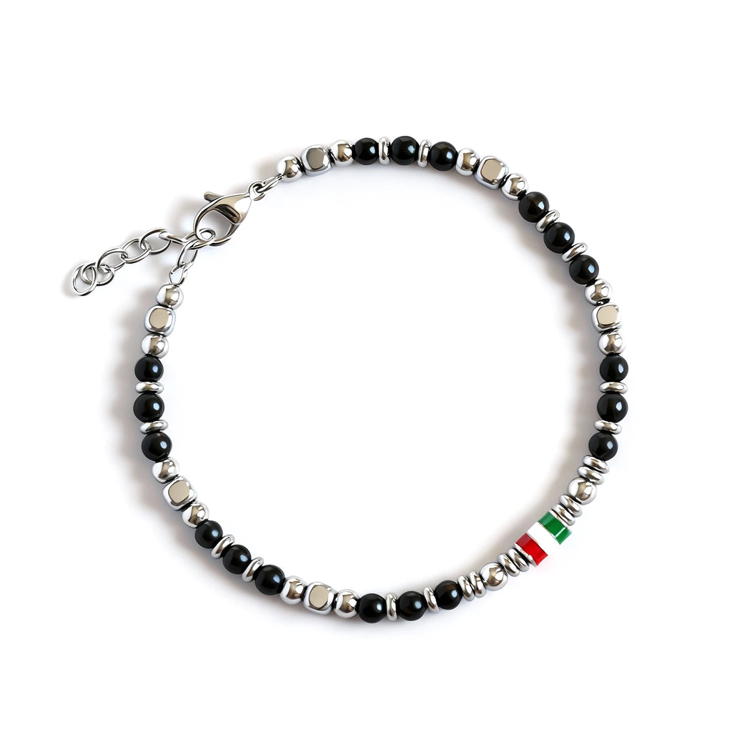 Obsidian & Steel Spacer Bead Bracelet with Flag Accent – | Metta Jewelry