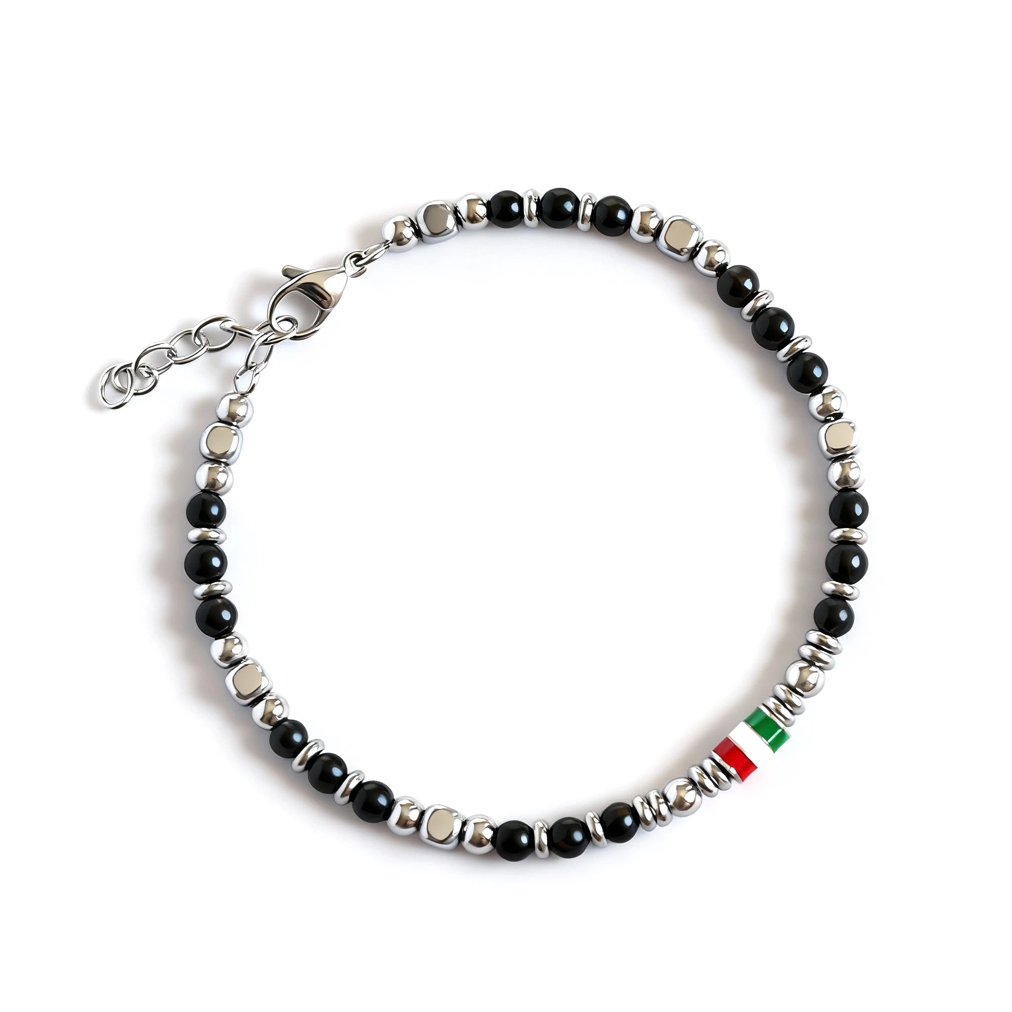 Obsidian & Steel Spacer Bead Bracelet with Flag Accent – | Metta Jewelry