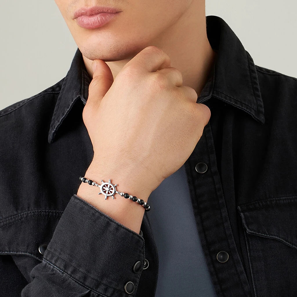 Obsidian & Stainless Steel Rudder Bead Bracelet – Modern Minimal Style – | Metta Jewelry