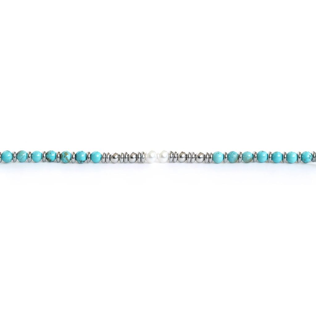 Turquoise & White Pearl Steel Ring Bead Bracelet – Modern Minimal Style – | Metta Jewelry