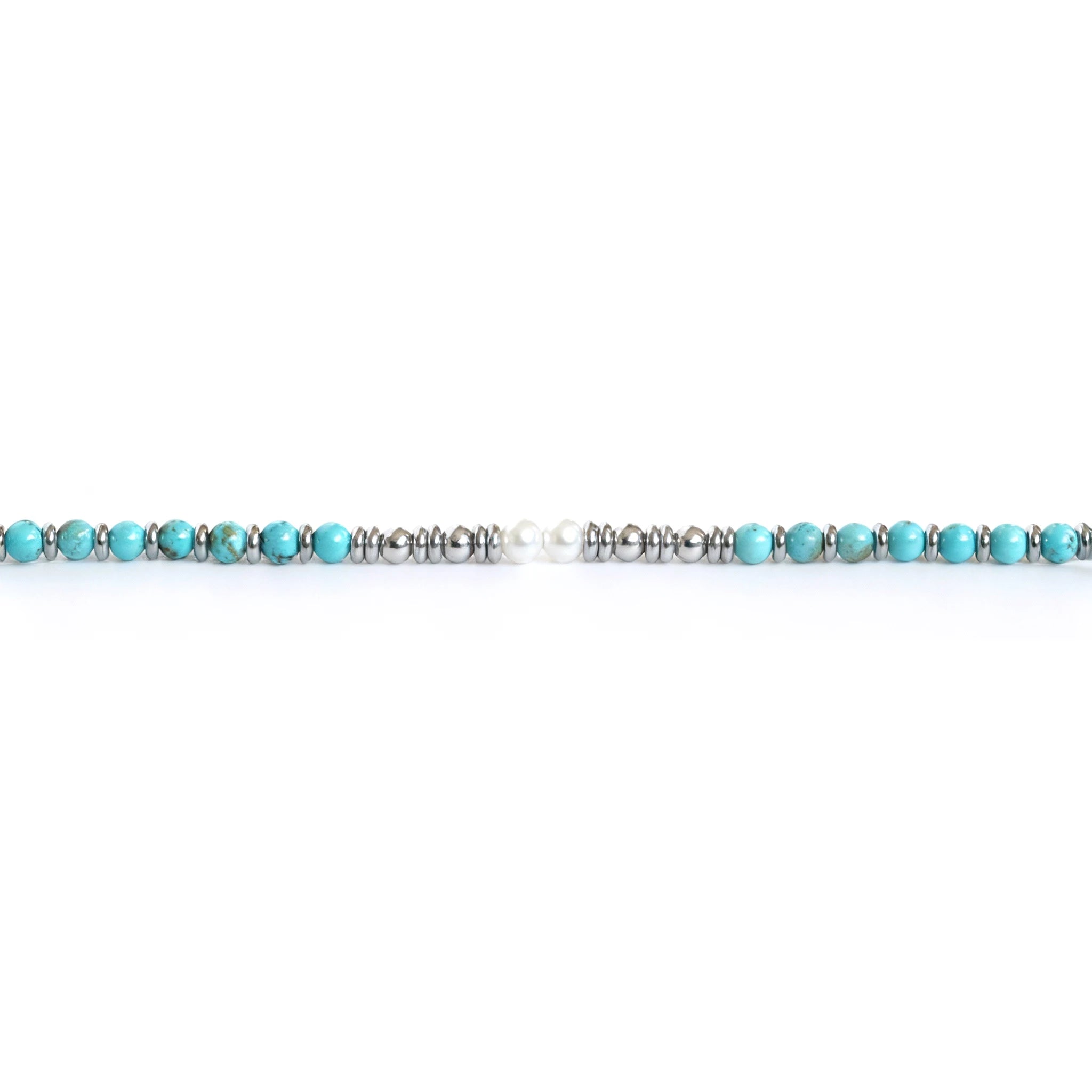 Turquoise & White Pearl Steel Ring Bead Bracelet – Modern Minimal Style – | Metta Jewelry