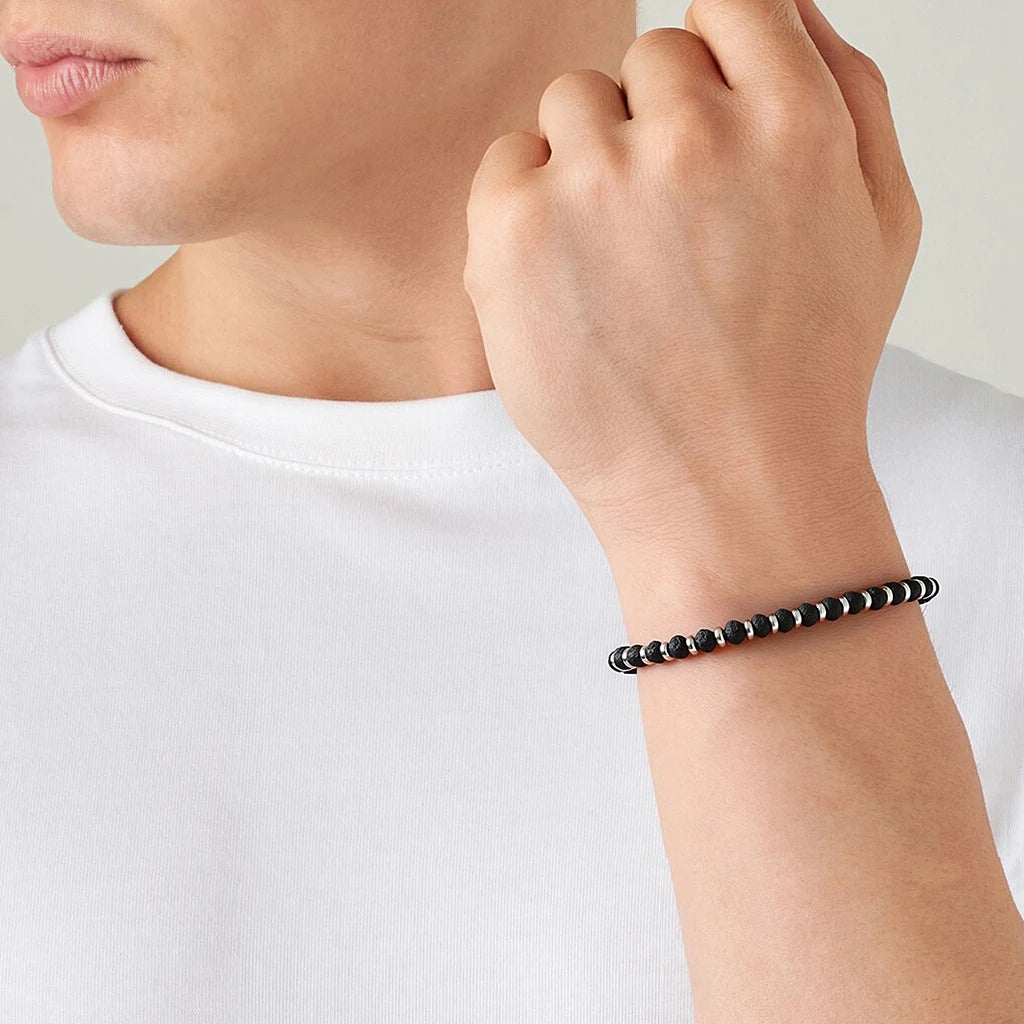 Lava Stone & Steel Spacer Bead Bracelet – Modern Minimal Style – | Metta Jewelry
