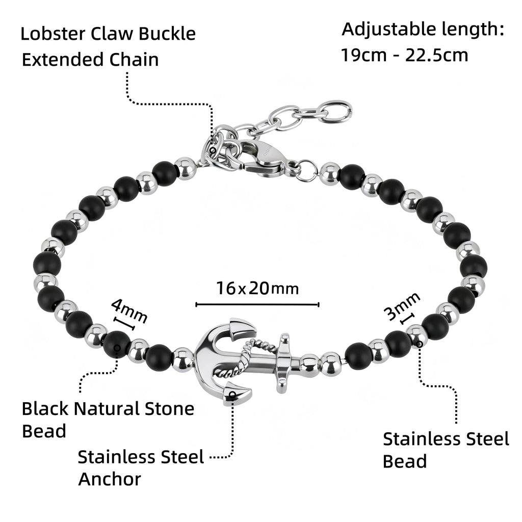 Obsidian & Stainless Steel Anchor Bead Bracelet – Modern Minimal Style – | Metta Jewelry