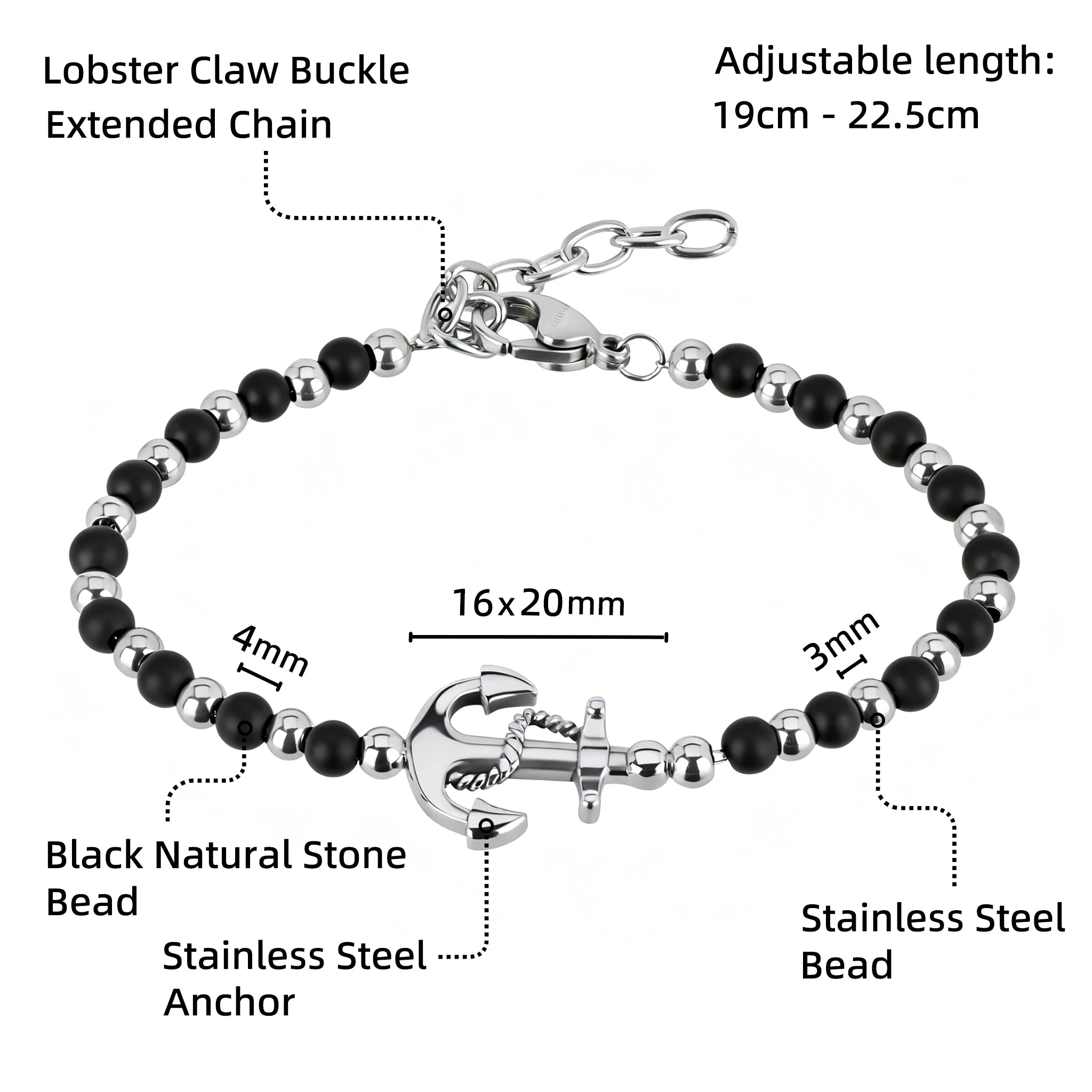 Obsidian & Stainless Steel Anchor Bead Bracelet – Modern Minimal Style – | Metta Jewelry