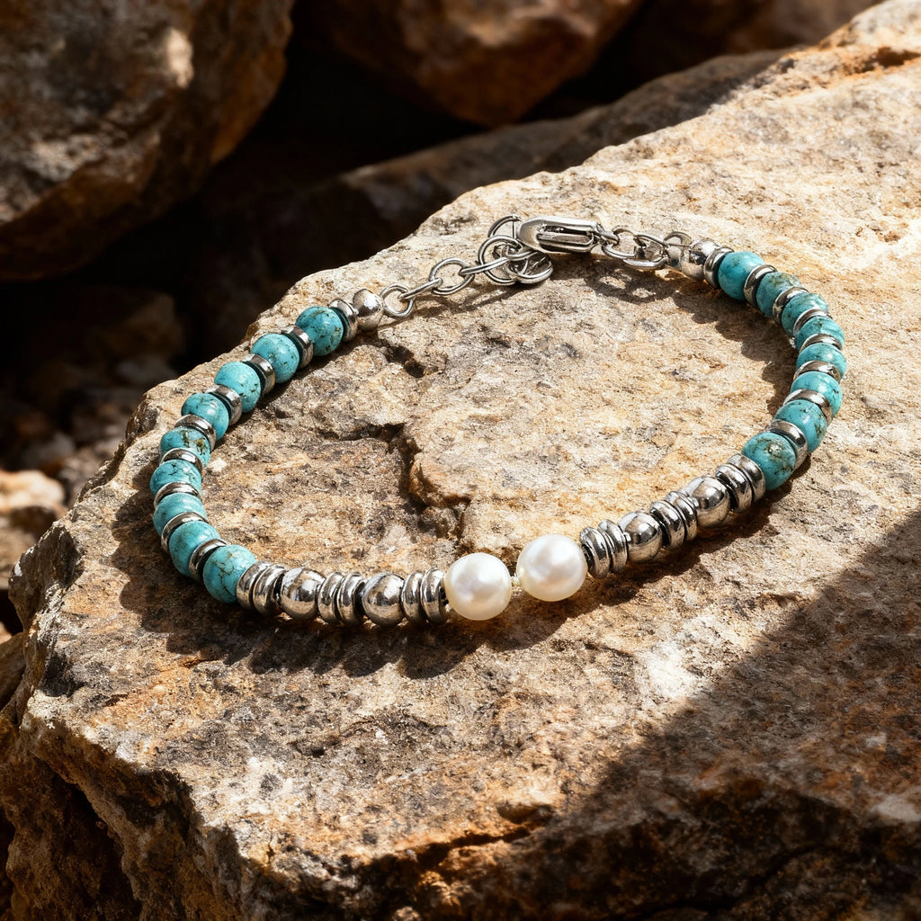 Turquoise & White Pearl Steel Ring Bead Bracelet – Modern Minimal Style – | Metta Jewelry
