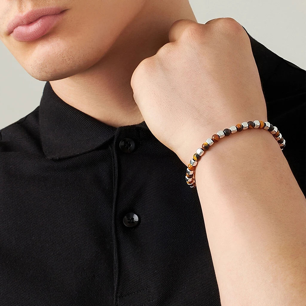 Tiger’s Eye & Stainless Steel Cube Bead Bracelet – Modern Minimal Style – | Metta Jewelry