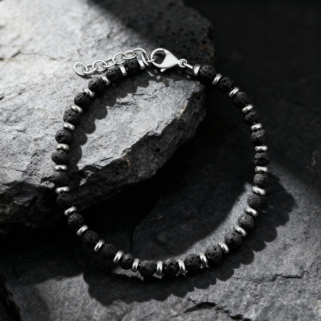Lava Stone & Steel Spacer Bead Bracelet – Modern Minimal Style – | Metta Jewelry