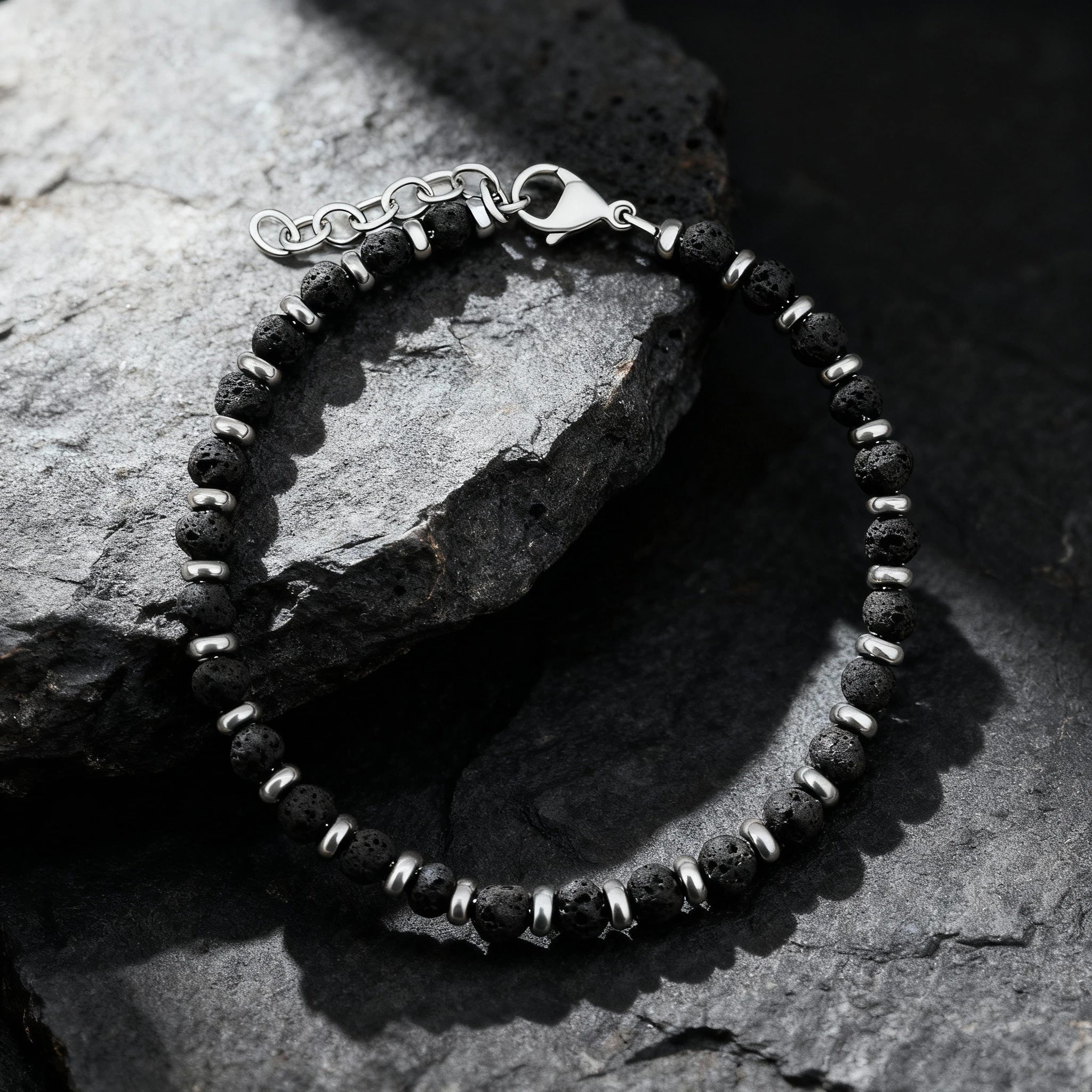 Lava Stone & Steel Spacer Bead Bracelet – Modern Minimal Style – | Metta Jewelry