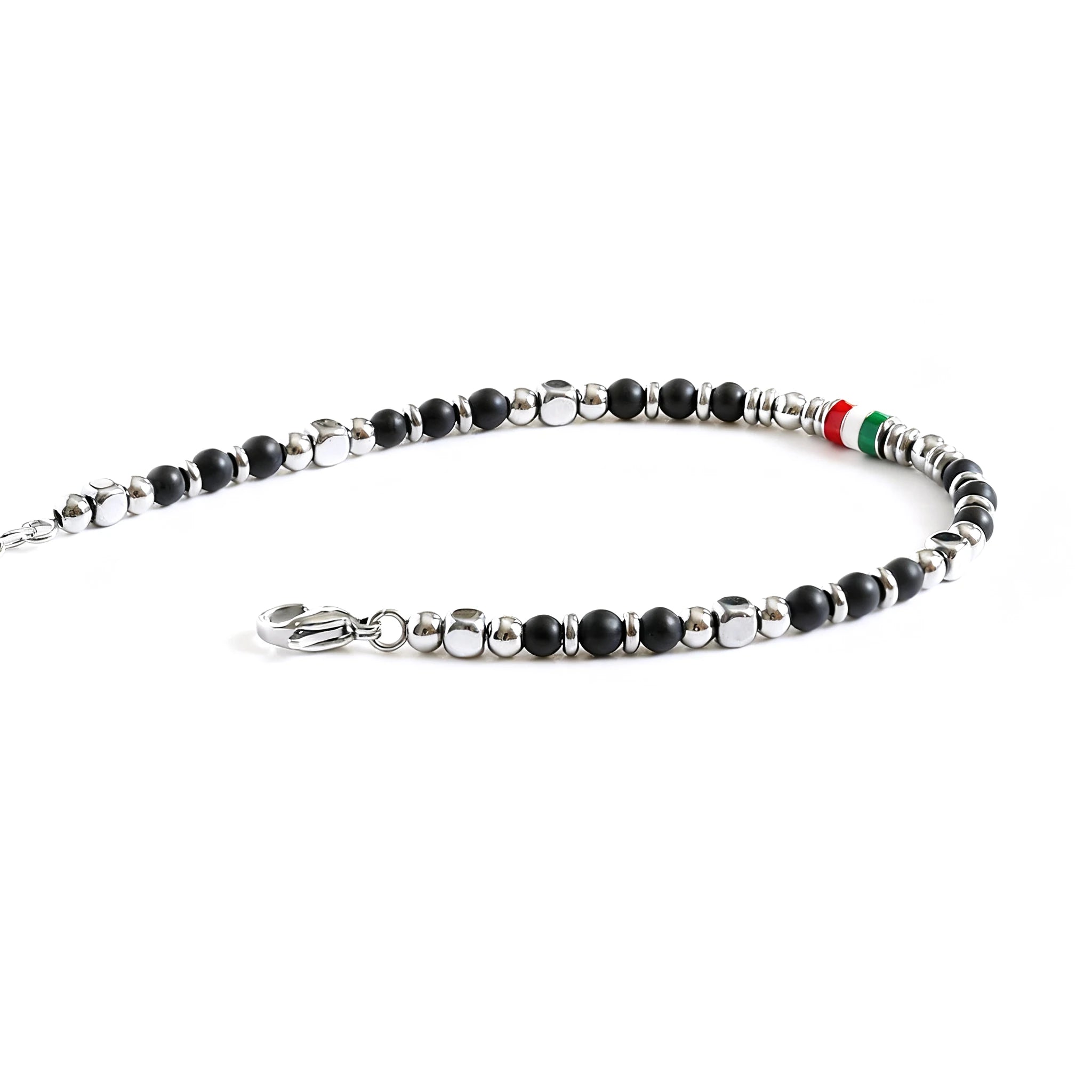 Obsidian & Steel Spacer Bead Bracelet with Flag Accent – | Metta Jewelry