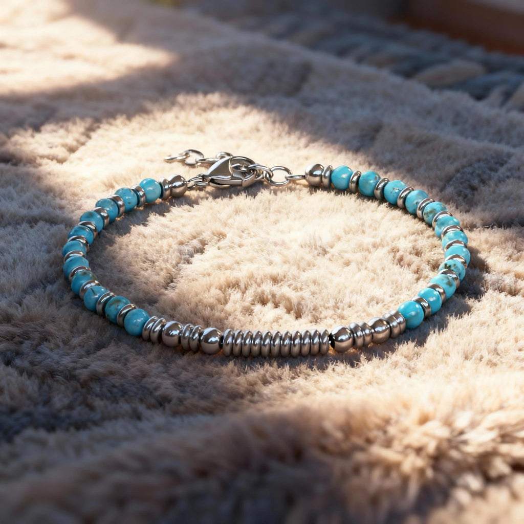 Turquoise & Disc Stainless Steel Bead Bracelet – Modern Minimal Style – | Metta Jewelry